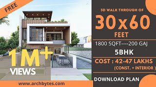 30x60 House Design 3D  1800 Sqft  200 Gaj  5 BHK  Modern Design  Terrace Garden  9x18 Meters [upl. by Fey]