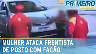 Cliente de posto de gasolina ataca frentista com facão  Primeiro Impacto 140224 [upl. by Nena]