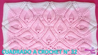 VIDEO COMPLETO de Como tejer el cuadrado N° 32 a crochet en punto hojas rellenas en relieve y espiga [upl. by Abdel]