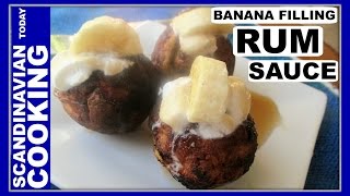 Æbleskiver ♥ How to Make Danish Aebleskiver with Banana Filling and Rum Sauce [upl. by Polky]