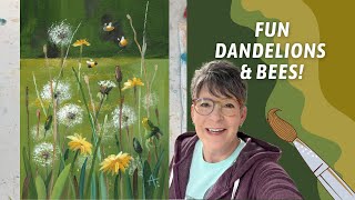 DANDELIONS with DEERFOOT Stippler Brush Acrylic Dandelions and Bees Painting By Annie Troe [upl. by Lukey]