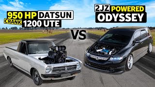 950hp Datsun 1200 Ute vs 2JZ Swapped Odyssey Noprep Drag Race [upl. by Gus]