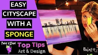 A great way to make cityscape painting easy using a sponge  acrylic painting [upl. by Sisak678]