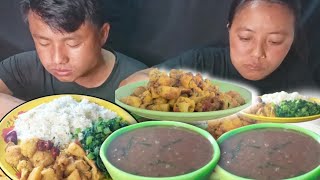 Nepali dish Masyam ko daal Aalu kauli ko Sabaji sag bhat village lifestyles mukbang [upl. by Alakam]