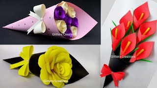 3 DIY Paper Flower BOUQUETBirthday Gift ideasFlower Bouquet making at Home [upl. by Dygall731]