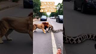 Lion fights giant python on the street  lion lionattack giants animals animalsattack [upl. by Irene]