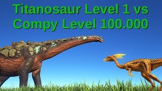 Titanosaur lvl 1 vs Compy lvl 100000  ARK Survival Evolved [upl. by Ahtelat]