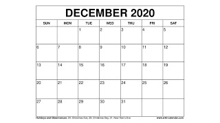 Free Printable December 2020 Calendar  WikiCalendarCom [upl. by Akinej578]