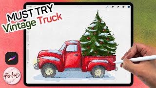 WATERCOLOR Vintage Red Truck with Christmas Tree Tutorial on Procreate in EASY Steps [upl. by Cecilla]