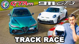 New Alfa Giulia GTAm v Porsche 911 GT3 TRACK RACE amp 0100mph0 test [upl. by Meeki7]