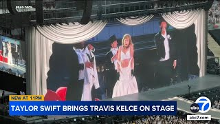 Travis Kelce joins Taylor Swift onstage at London show [upl. by Cissej]