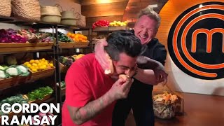 Gordon Ramsay PRANKS Aarón Sanchez in PBampJ CHALLENGE [upl. by Azmah]