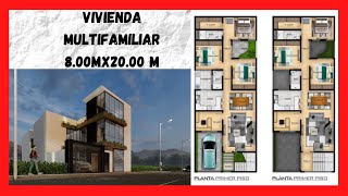 🔰 Plano ⭕NLINE de Casa 🏡 08x20 metros  👪 Multifamiliar de 2 Pisos  259 m2  3 dormitorios x dep [upl. by Adnowal727]