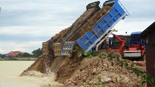 Incredible Dump Truck 10 Wheels Dumping Dirt into Water Filling Land with Power Bulldozer Working [upl. by Nohsed]