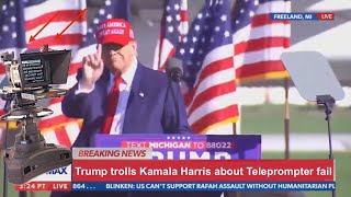 President Donald Trump trolls Kamala Harris about teleprompter fail 👀😳🤣 [upl. by Esidnak]