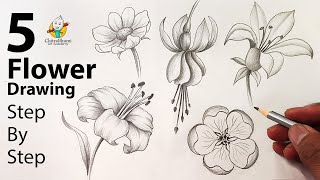 5 Flower Drawing for Beginners with Pencil Shading Easy Step by Step how to draw flowers [upl. by Neras]