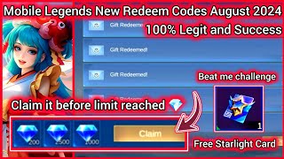 Mobile Legends Redeem Codes August 12 2024  MLBB diamond redeem code Beat me Challenge free St [upl. by Regina]