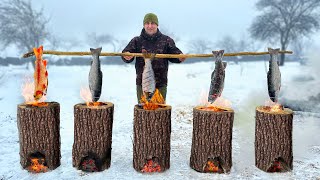 Caught And Cooked Trout Inside Logs Life In The Distant Snowy Mountains [upl. by Eelrahs]