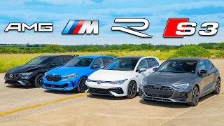 New Audi S3 v BMW M135i v AMG A35 v VW Golf R DRAG RACE [upl. by Nader]