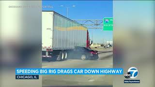 Video Big rig drags car down highway with driver pinned underneath trailer l ABC7 [upl. by Ihsar]