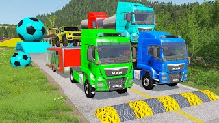 Double Flatbed Trailer Truck vs Speedbumps Train vs Cars  Tractor vs Train BeamngDrive 058 [upl. by Yahiya753]