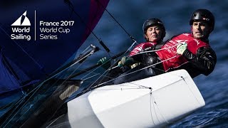 Full Nacra 17 Medal Race from the World Cup Series Hyères 2017 [upl. by Nomrej]