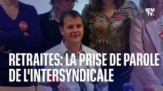 Retraites la prise de parole de lintersyndicale en intégralité après la commission mixte paritaire [upl. by Amadeus334]