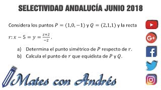 Selectividad Ebau Matemáticas II Andalucía 2018 A4 punto simétrico y punto equidistante [upl. by Teirtza447]