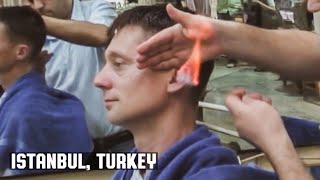 The Turkish Istanbul Grand Bazaar Barber Shop Haircut with Threading Face Massage amp Hair Singeing [upl. by Fiertz]