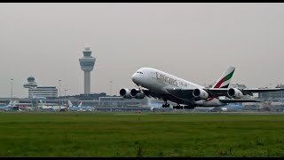 Takeoff Emirates A380 vanaf de Buitenveldertbaan  Amsterdam SchipholNoord [upl. by Reffinnej]