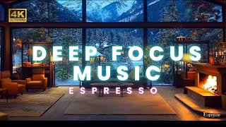 4K Cozy coffee shop ambience amp crackling fireplace snowy evening with peaceful music for focus [upl. by Ahsinrats399]