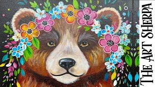 Easy Cute Bear amp Floral Crown 🌟🎨 How to Draw and paint acrylics for beginners Paint Night at Home [upl. by Arabella]