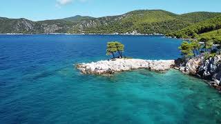 Skopelos 2024  Three Pines Amarantos Cove and Limnonari Beach drone shots [upl. by Olsewski]