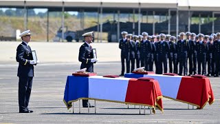 Cérémonie dhonneurs funèbres militaires en mémoire aux pilotes de Rafale décédés le 14 août 2024 [upl. by Ecarg]