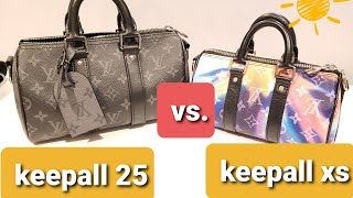 LOUIS VUITTON  KEEPALL 25 VS KEEPALL XS COMPARISON  WHAT FITS [upl. by Yentiw687]