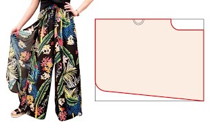 ⭐ Easy DIY Palazzo Pants with Skirt Overlay elastic belt Long culotte trousers cutting and sewing [upl. by Yentihw]