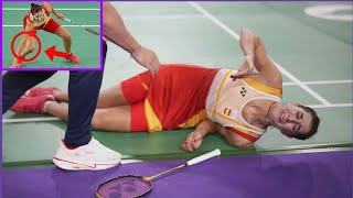 Spains Carolina Marin in tears after knee injury forces her to withdraw in Olympics [upl. by Analaj548]