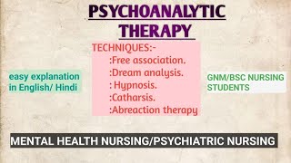 Psychoanalytic therapy techniquesfree association dream analysishypnosis catharsisabreactthrpy [upl. by Asseralc]