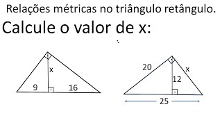 Parte 1 Relações métricas no triângulo retângulo Calcule o valor de x nos triângulos retângulos [upl. by Helli]