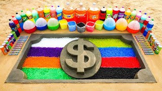 How to make US Dollar Logo with Cement amp Orbeez Rainbow Mixing Coca Cola Fanta Mirinda vs Mentos [upl. by Rapsac431]