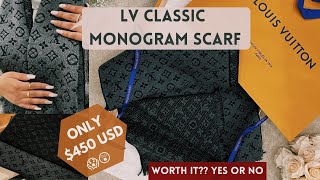 MUST HAVE LOUIS VUITTON CLASSIC MONOGRAM SCARF REVIEWUNBOXING Reversible Charcoal Grey [upl. by Rori723]