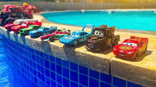 Disney Pixar Cars falling into deep pool Lightning McQueen Tow Mater Mack Sally Francesco [upl. by Kcaz]