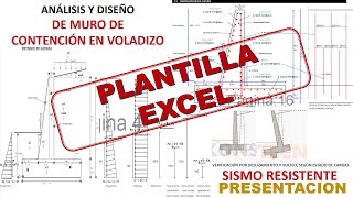 DISEÑO DE MURO DE CONTENCION PLANTILLA EXCEL Sobrecarga angulo de inclinacion de relleno y sismo [upl. by Collar]