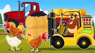 Farmer Bear Harvesting Straw for Chickens Trucks Forklifts Cranes Vehicles Farm Animated [upl. by Alyakim104]