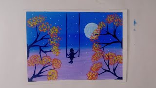 Moonlight scenery drawing with poster colour জোসস্না রাত এর দৃশ্য আঁকা [upl. by Hera941]