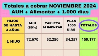 MONTOS TARJETA ALIMENTAR AUH Y PLAN MIL DÍAS ANSES NOVIEMBRE 2024 [upl. by Annalee]