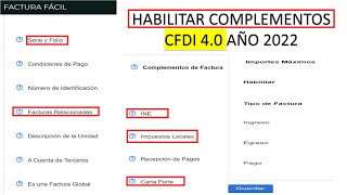 HABILITAR COMPLEMENTOS EN FACTURA 40  FACTURAS RELACIONADAS CFDI 40 [upl. by Albina]