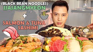 mukbang • 👦🏻🍜 JJAJANGMYEON 짜장면 BLACK BEAN NOODLES and 🍣 SALMON amp TUNA SASHIMI [upl. by Bencion]