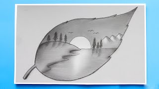 Landscape Drawing on a Leaf  How to Draw a simple Landscape  Creative Drawing idea [upl. by William]