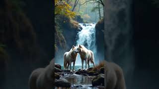 Snow White Wolves Showing Pure Love in a Magical Waterfall Forest Wolf animallover alpha animal [upl. by Hares]